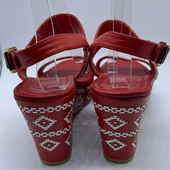 Tory Burch Reena Tribal Platform Wedge Sandals Leather Red White Women’s Size 9