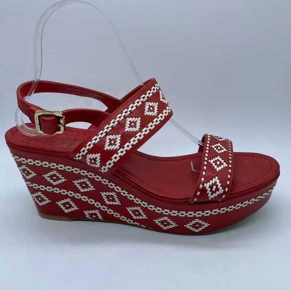 Tory Burch Reena Tribal Platform Wedge Sandals Leather Red White Women’s Size 9