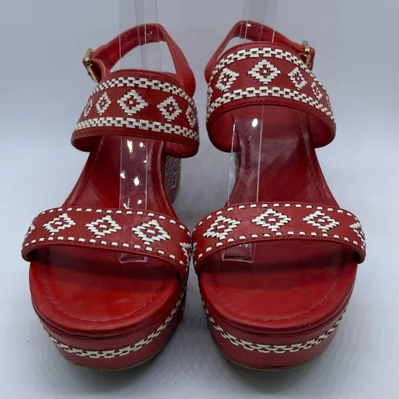 Tory Burch Reena Tribal Platform Wedge Sandals Leather Red White Women’s Size 9