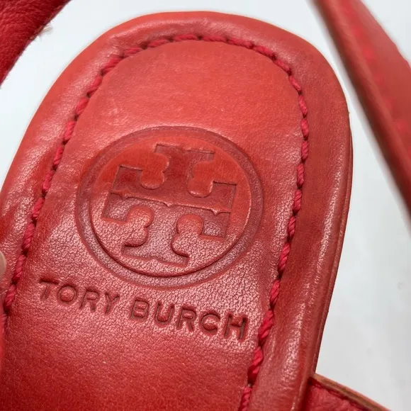 Tory Burch Reena Tribal Platform Wedge Sandals Leather Red White Women’s Size 9