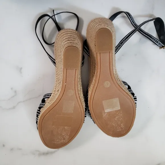 Tory Burch Ribbon Strappy Espadrille Wedge Sandals Pefect Navy Size 8.5