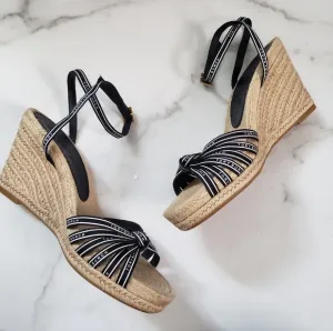 Tory Burch Ribbon Strappy Espadrille Wedge Sandals Pefect Navy Size 8.5