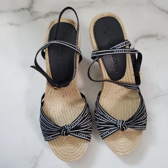 Tory Burch Ribbon Strappy Espadrille Wedge Sandals Pefect Navy Size 8.5