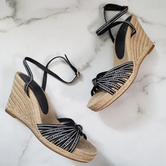 Tory Burch Ribbon Strappy Espadrille Wedge Sandals Pefect Navy Size 8.5