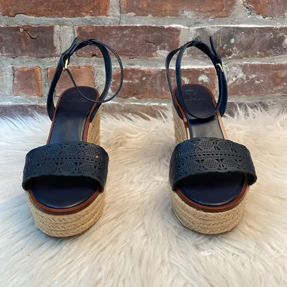 Tory Burch Roselle Navy Laser Cut Leather Platform Espadrille Sandals, Size 10.5