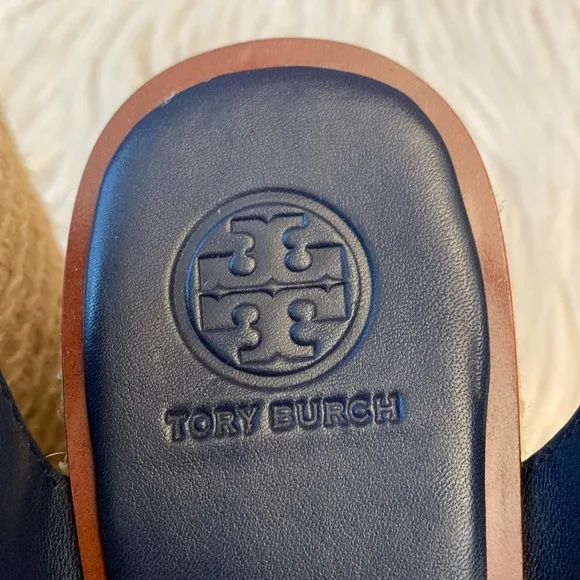 Tory Burch Roselle Navy Laser Cut Leather Platform Espadrille Sandals, Size 10.5