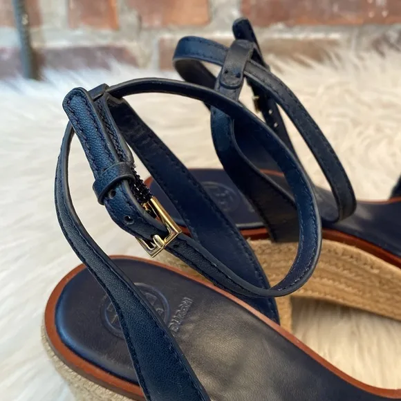 Tory Burch Roselle Navy Laser Cut Leather Platform Espadrille Sandals, Size 10.5