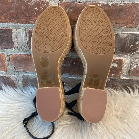 Tory Burch Roselle Navy Laser Cut Leather Platform Espadrille Sandals, Size 10.5