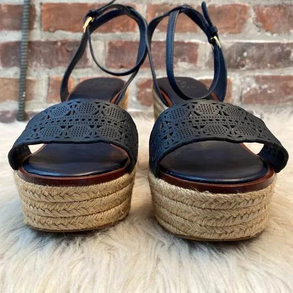 Tory Burch Roselle Navy Laser Cut Leather Platform Espadrille Sandals, Size 10.5