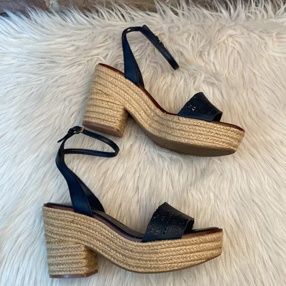 Tory Burch Roselle Navy Laser Cut Leather Platform Espadrille Sandals, Size 10.5