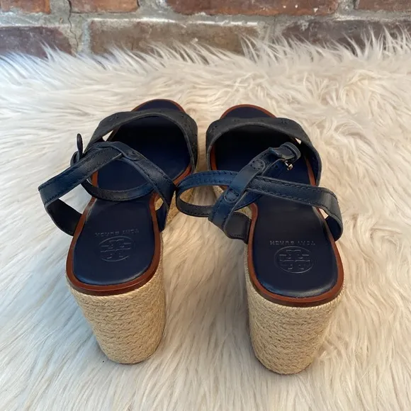 Tory Burch Roselle Navy Laser Cut Leather Platform Espadrille Sandals, Size 10.5