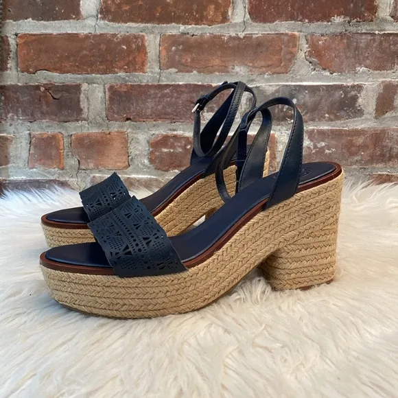 Tory Burch Roselle Navy Laser Cut Leather Platform Espadrille Sandals, Size 10.5
