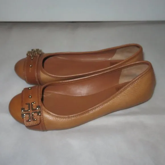 TORY BURCH SHOES FLATS Elina Ballet Flat Logo Camel Leather 7.5