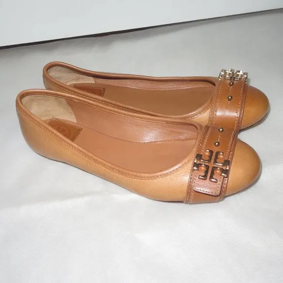 TORY BURCH SHOES FLATS Elina Ballet Flat Logo Camel Leather 7.5