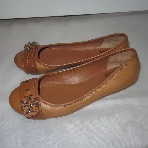 TORY BURCH SHOES FLATS Elina Ballet Flat Logo Camel Leather 7.5