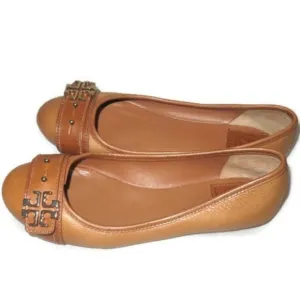 TORY BURCH SHOES FLATS Elina Ballet Flat Logo Camel Leather 7.5