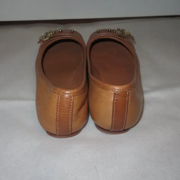 TORY BURCH SHOES FLATS Elina Ballet Flat Logo Camel Leather 7.5