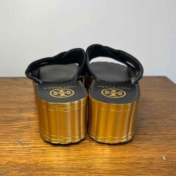 Tory Burch Size 9 • Black &amp; Gold Scallop Wedge Slip On Sandals.