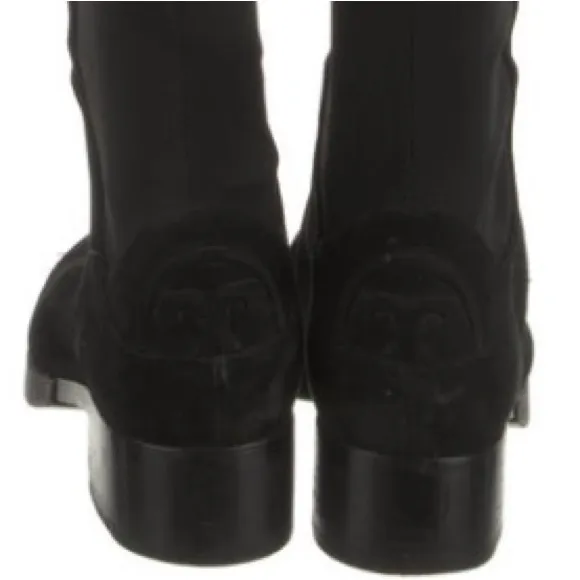 Tory Burch Suede Logo Caitlin Stretch Black Over the knee Low Heel Classic boots