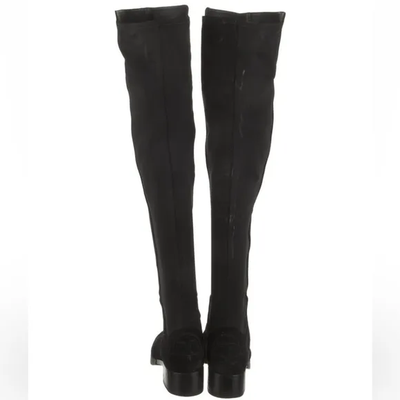 Tory Burch Suede Logo Caitlin Stretch Black Over the knee Low Heel Classic boots