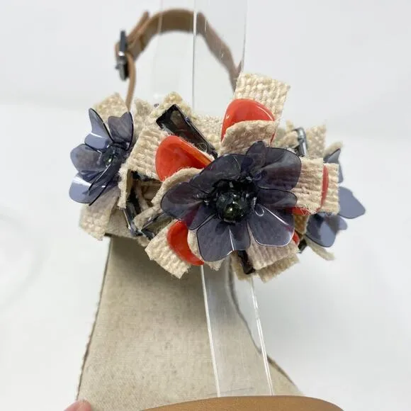 Tory Burch Tan Espadrille High Heel Wedge Sandals w Floral Detail Women's Sz 7.5