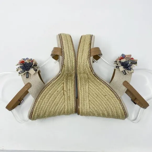 Tory Burch Tan Espadrille High Heel Wedge Sandals w Floral Detail Women's Sz 7.5