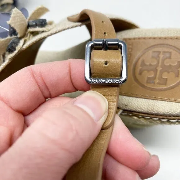 Tory Burch Tan Espadrille High Heel Wedge Sandals w Floral Detail Women's Sz 7.5
