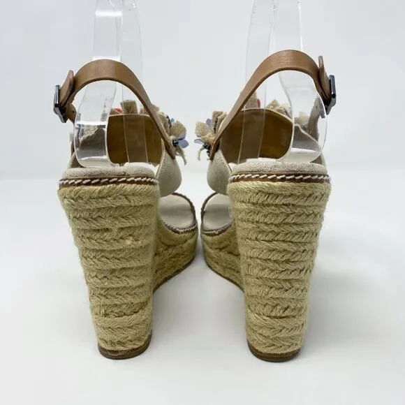 Tory Burch Tan Espadrille High Heel Wedge Sandals w Floral Detail Women's Sz 7.5