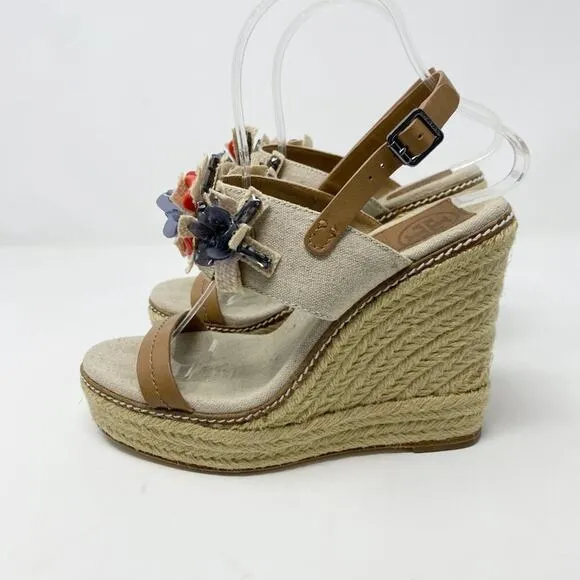 Tory Burch Tan Espadrille High Heel Wedge Sandals w Floral Detail Women's Sz 7.5