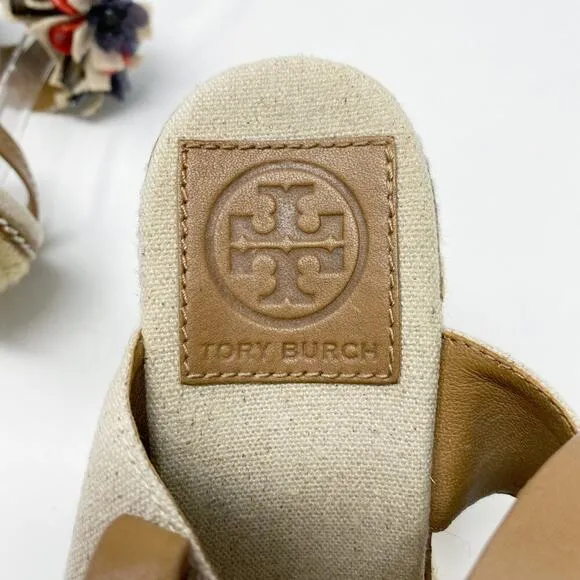 Tory Burch Tan Espadrille High Heel Wedge Sandals w Floral Detail Women's Sz 7.5