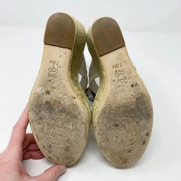 Tory Burch Tan Espadrille High Heel Wedge Sandals w Floral Detail Women's Sz 7.5