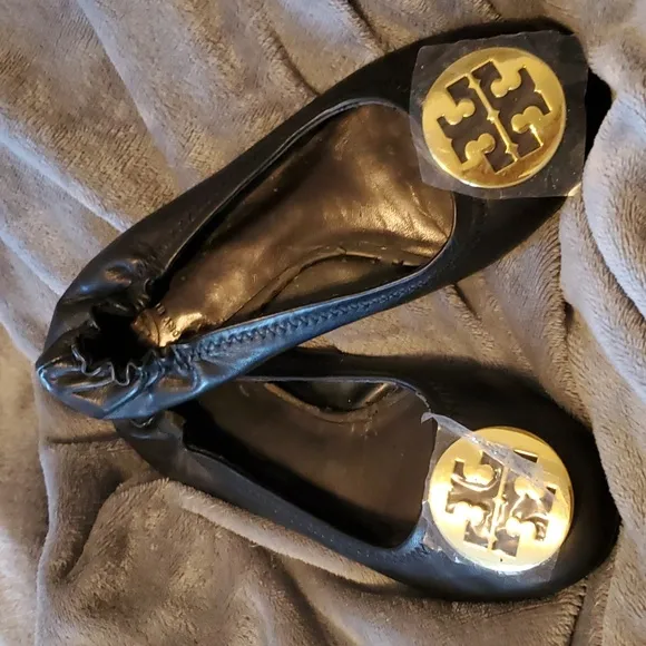 TORY BURCH TORY BURCH BLACK LEATHER MINNIE TRAVEL BALLERINA SHOES