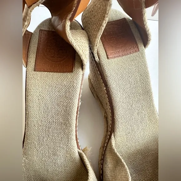 Tory Burch Wedge Espadrille Heels‎ Sandals Linen Beige Peep Toe Womens 9.5B