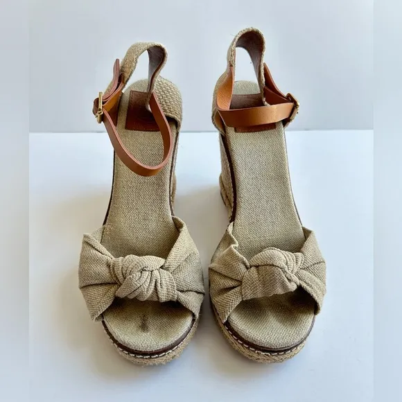 Tory Burch Wedge Espadrille Heels‎ Sandals Linen Beige Peep Toe Womens 9.5B