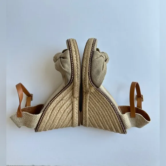 Tory Burch Wedge Espadrille Heels‎ Sandals Linen Beige Peep Toe Womens 9.5B