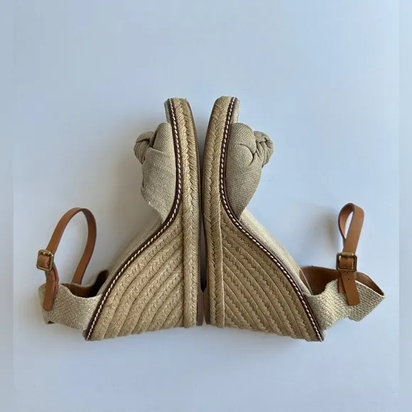 Tory Burch Wedge Espadrille Heels‎ Sandals Linen Beige Peep Toe Womens 9.5B