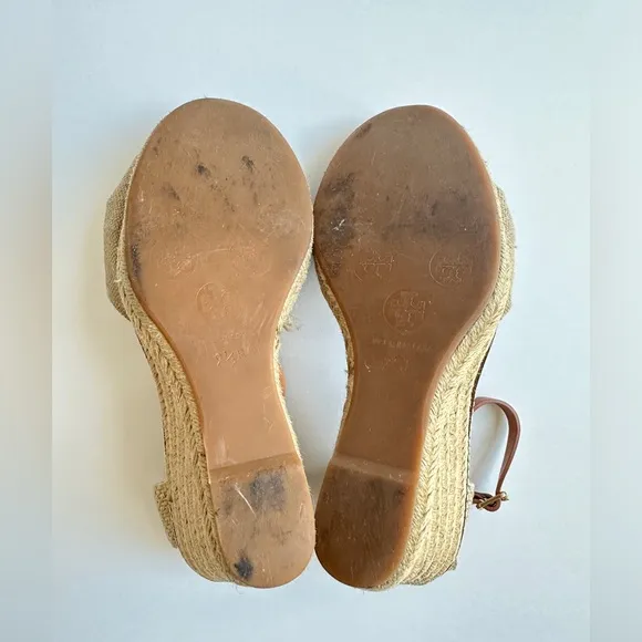Tory Burch Wedge Espadrille Heels‎ Sandals Linen Beige Peep Toe Womens 9.5B