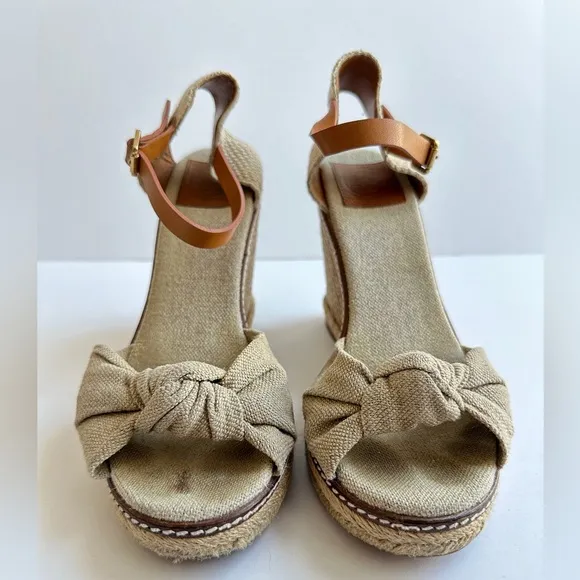 Tory Burch Wedge Espadrille Heels‎ Sandals Linen Beige Peep Toe Womens 9.5B