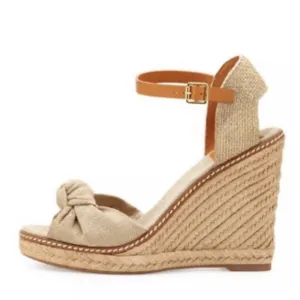 Tory Burch Wedge Espadrille Heels‎ Sandals Linen Beige Peep Toe Womens 9.5B