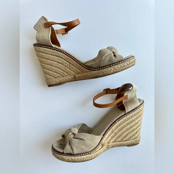 Tory Burch Wedge Espadrille Heels‎ Sandals Linen Beige Peep Toe Womens 9.5B