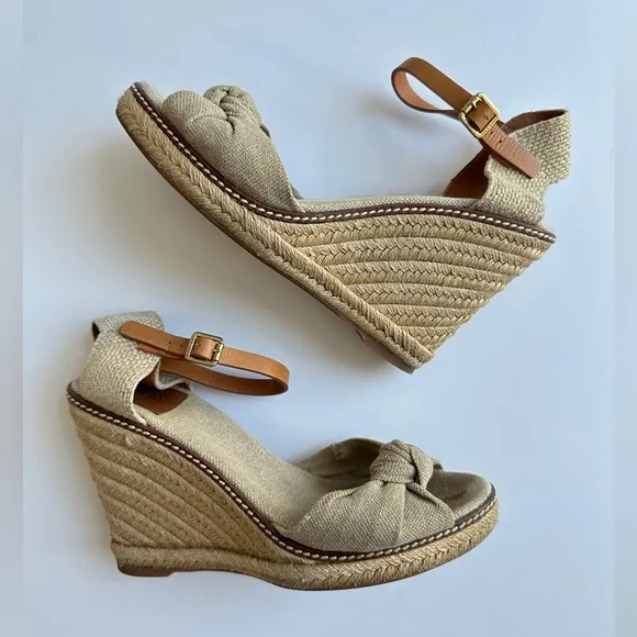 Tory Burch Wedge Espadrille Heels‎ Sandals Linen Beige Peep Toe Womens 9.5B