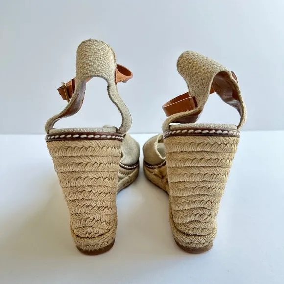 Tory Burch Wedge Espadrille Heels‎ Sandals Linen Beige Peep Toe Womens 9.5B