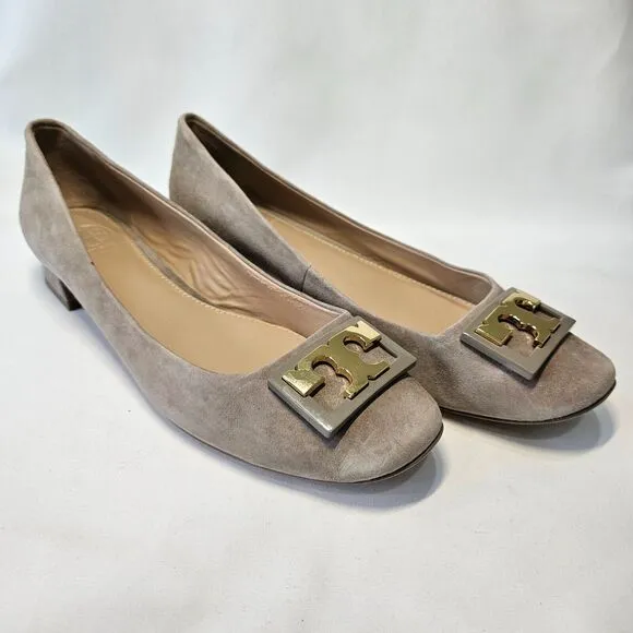 Tory Burch Womens Gigi Suede Leather Block Heel Pumps Size 7.5 Gray  Dress Shoes