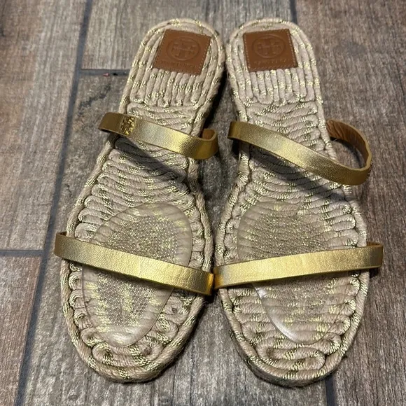Tory‎ Burch Women’s Gold Leather Strap Espadrille Sandals SZ 11