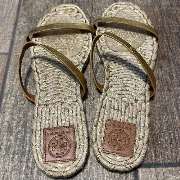 Tory‎ Burch Women’s Gold Leather Strap Espadrille Sandals SZ 11