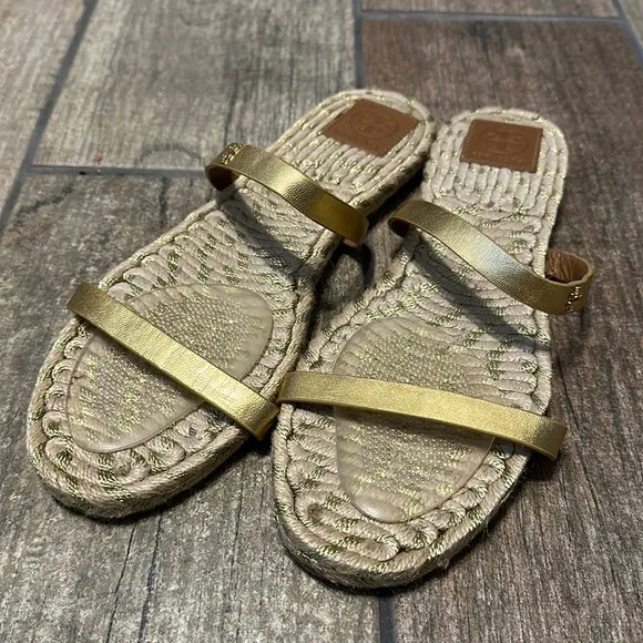 Tory‎ Burch Women’s Gold Leather Strap Espadrille Sandals SZ 11