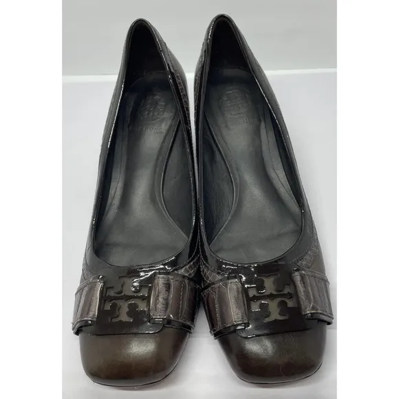 Tory Burch Women’s Odessa Pump Size 7M Block Heel Brown Smoke Leather Shoes
