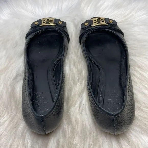 Tory Burch Black Pebbled Leather Peep Toe Low Wedge Shoes Sz 7