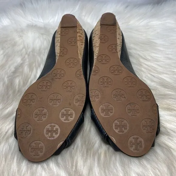 Tory Burch Black Pebbled Leather Peep Toe Low Wedge Shoes Sz 7