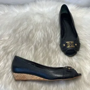 Tory Burch Black Pebbled Leather Peep Toe Low Wedge Shoes Sz 7